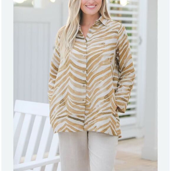 iLinen Classic Button Down Zebra Long Sleeve Shirt - Picture 1 of 7